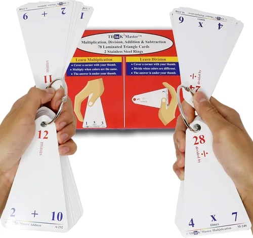 Vista 6 de Think2Master Tarjetas flash triangulares de suma y resta de multiplicación laminada premium 78 tarjetas flash borrables en seco. Incluye 2 anillos.