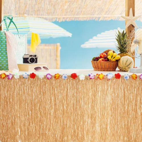Vista 4 de Juexica Paquete de 8 faldas de mesa de hierba Luau de 9 x 30 pulgadas, falda de mesa hawaiana de flores de hibisco sintético, decoraciones de fiesta