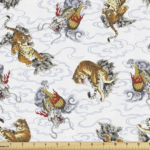 Vista 45 de Lunarable Tela de animales de The Yard, caras de gato y perro, mejores amigos, Bulldog Beagle, Labrador, Calico Kitty impresión, tela de satén