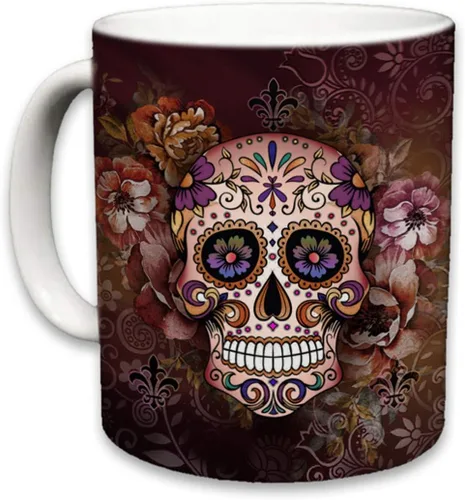 Vista 17 de Sweet Gisele Taza de cerámica de calavera de azúcar, taza de café con estampado floral, diseño del Día de los Muertos, hermosos colores vivos, gran
