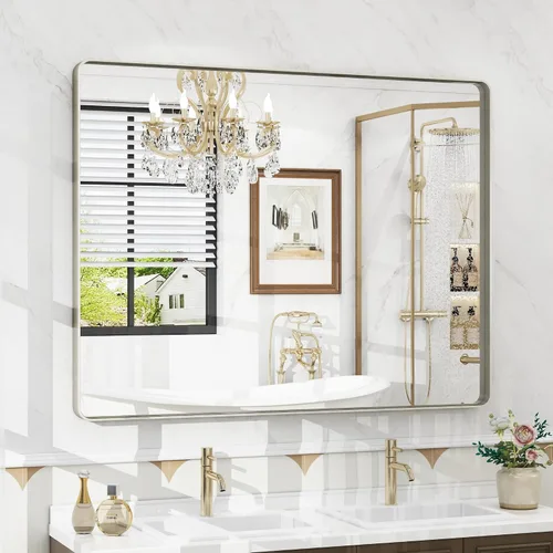 Vista 13 de Espejo rectangular para pared de baño de 20x30 pulgadas con marco negro mate, espejo de tocador con esquinas redondeadas, espejo de baño de metal