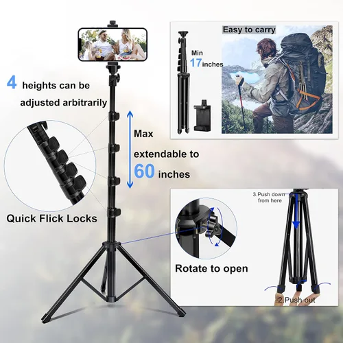 Vista 4 de Soporte de trípode para teléfono Selfie Stick de 60 pulgadas, accesorios de cámara profesional con registro remoto inalámbrico compatible con iPhone