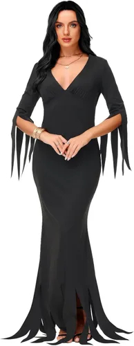 Vista 2 de AOBUTE Disfraz de Morticia de Halloween para mujer, vestido largo ajustado con cuello en V
