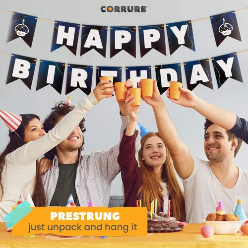Vista 7 de CORRURE Cartel de feliz cumpleaños – Pancartas azules preencordadas con lámina dorada – Bandera grande para fiestas para mujeres, hombres, niñas