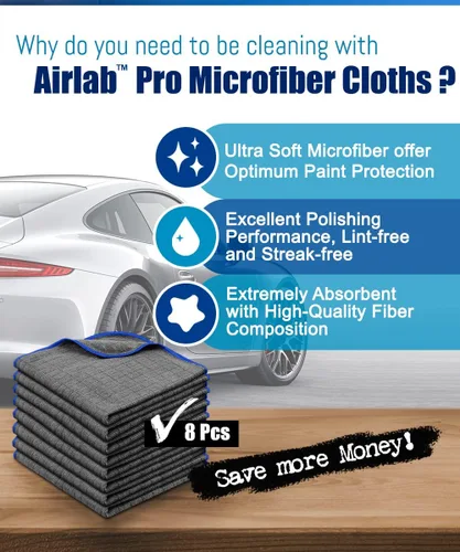 Vista 6 de Airlab Paños de limpieza de microfibra para ventanas de pulido, trapos sin pelusas, paquete de 8 y toallas de microfibra para autos, lavar y secar