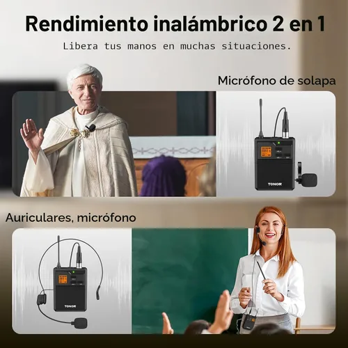 Vista 4 de TONOR Sistema de micrófono inalámbrico UHF con micrófono de auriculares/micrófono de solapa Lavalier, transmisor Bodypack, receptor recargable, 15