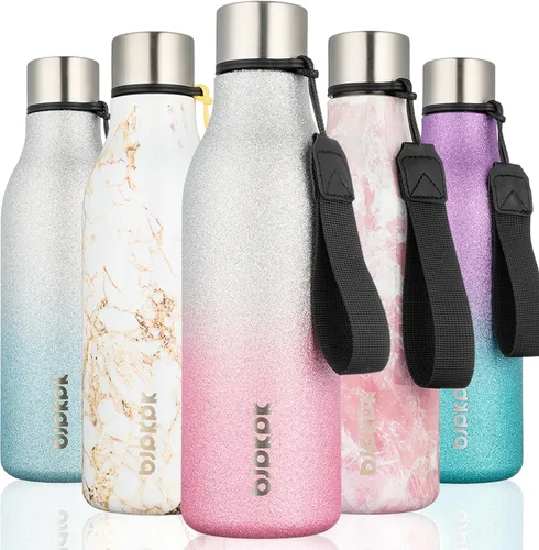 Vista 15 de BJPKPK Botellas de agua aisladas, botella de agua de metal de acero inoxidable de 12 onzas con correa, sin BPA a prueba de fugas, jarras, tazas