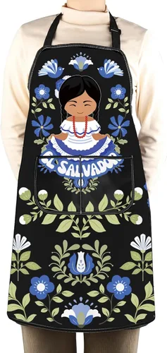 Vista 7 de WCGXKO Delantal de cocina inspirado en El Salvador, regalo de arte floral salvadoreño, mercancía de flores de El Salvador