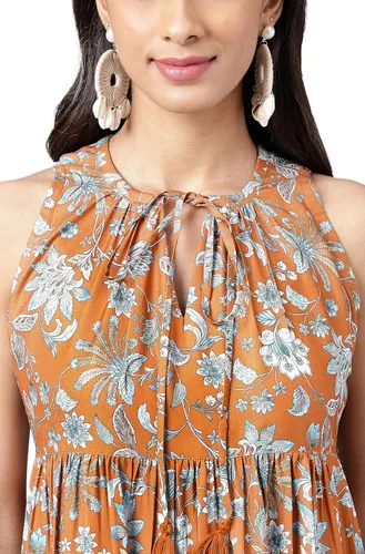 Vista 6 de Janasya Vestido escalonado con estampado floral digital de musgo marrón para mujer