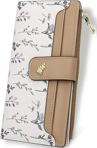 Vista 10 de Farcauo Billetera para mujer, billetera delgada para mujer, linda cartera delgada Kawaii con flores para mujer, tarjetero para mujer, Cartera