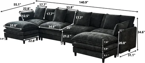 Vista 2 de Sofá modular convertible seccional, sofá de 4 asientos en forma de L con diván reversible, sofá de nube de asiento profundo, sofá cama 3 en 1, tela