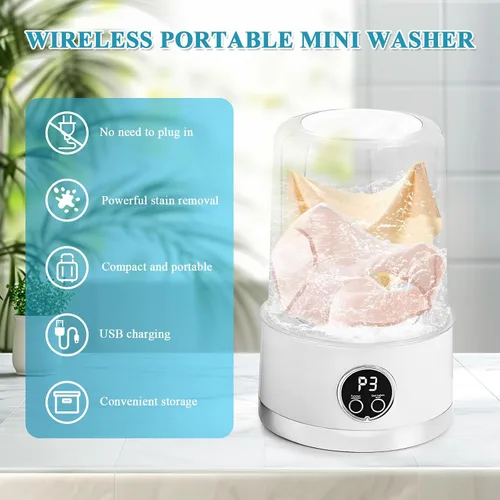 Vista 2 de Lavadora portátil, mini lavadora inalámbrica recargable de 1500 mAh, lavadora de ropa interior de 1 litro, lavadora compacta plegable para ropa