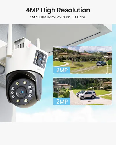 Vista 2 de ZOSI C298 - Cámara de seguridad WiFi enchufable PT de 4MP con doble lente (2MP+2MP) para exteriores, cámara panorámica de 360 grados, detección