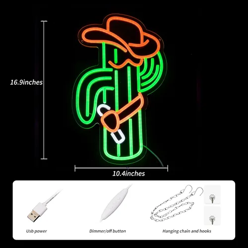 Vista 3 de Letrero de neón de cactus, luz de neón de sombrero de vaquero para decoración de pared, letrero de neón LED de vaquero, luz de neón LED colorida