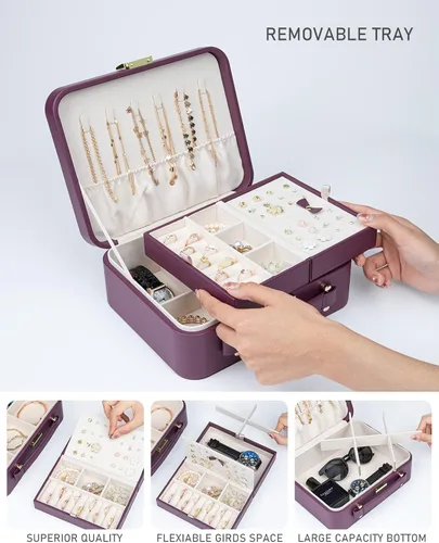 Vista 3 de V-LAFUY Joyero con bandeja extraíble, joyero para mujeres y niñas, 2 capas portátil, organizador de joyas, estuche de almacenamiento con estuche