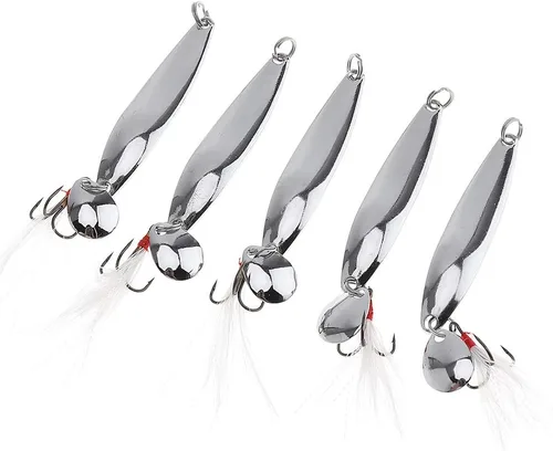 Vista 5 de Kit de pesca de señuelos de cucharas de 5 piezas, cebos giratorios de metal con ganchos agudos para lubina salmón