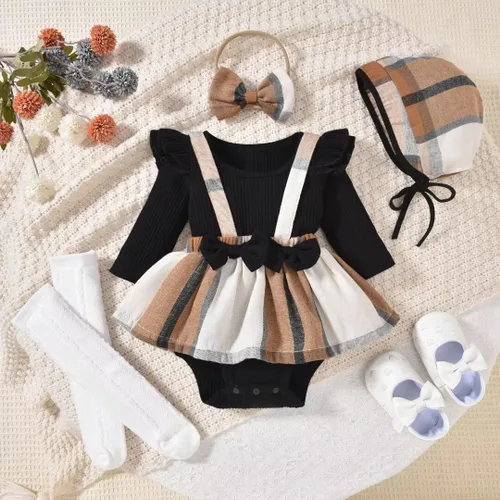 Vista 109 de Unutiylo Ropa de bebé recién nacida prematura con tirantes, traje de otoño e invierno, traje de manga larga con volantes