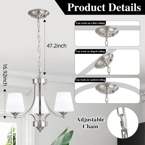Vista 8 de Lámpara de comedor de níquel cepillado, moderna lámpara plateada con vidrio esmerilado, 3 luces de metal para isla de cocina, lámparas colgantes E26