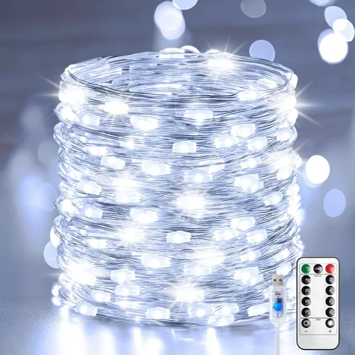 Vista 13 de Minetom Guirnalda de luces parpadeantes enchufables, 100 luces LED USB de Blanco puro