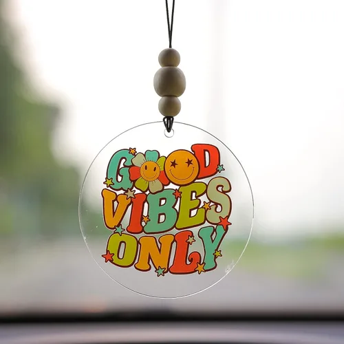 Vista 5 de Talataca Good Vibes Only - Adorno plano 2D para automóvil y cuentas de madera, retro vintage feliz cara sonriente con cuentas accesorios para espejo