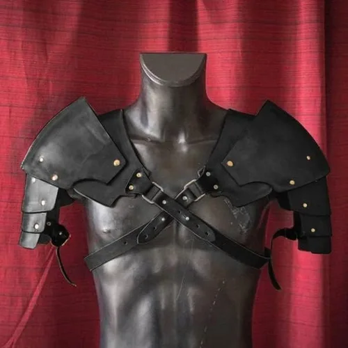 Vista 2 de Armadura de hombro steampunk para hombre, ajustable, de piel sintética, armadura de hombro medievales para caballero armadura de Halloween cosplay
