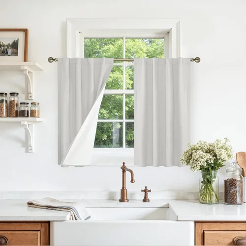 Vista 115 de LAMIT Cortinas opacas cortas de lino de 30 pulgadas para ventanas de cocina sobre el fregadero, cortinas de café texturizadas de lino marfil