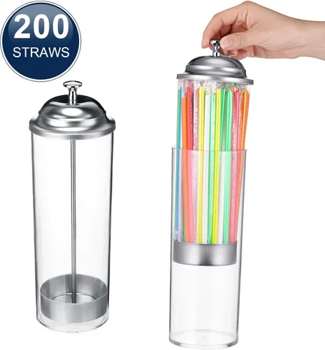 Vista 3 de Patelai - Dispensador de popotes y 200 popotes de plástico con tapa, dispensador de pajitas transparentes para mostrador de fiestas