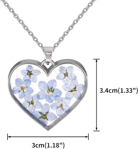 Vista 3 de Juego de pendientes colgantes y collar colgante con diseño de flores azules prensadas secas, Metal, Sin piedra preciosa