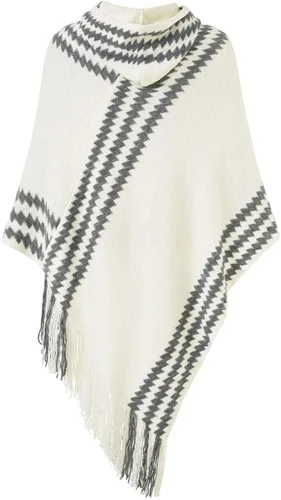 Vista 2 de Ferand Suéter poncho de punto con capucha y rayas en zigzag para mujer con flecos