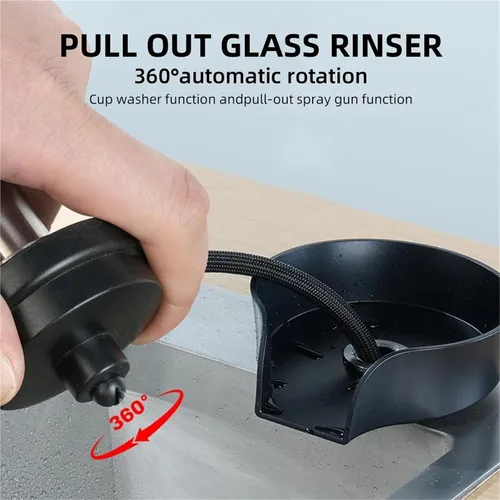 Vista 5 de 2 in 1 Glass Rinser for Kitchen Sink Pull Out Spray Head 360 Rotating Cup Bottle Washer with Flexible Hose Black Silver(Black)