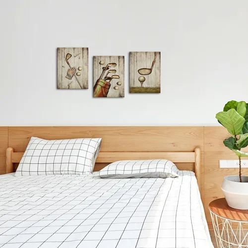 Vista 6 de SkenoArt Arte de pared deportivo de 3 piezas, diseño vintage de pelotas de golf, impresiones de cuadros, póster marrón, lienzo, obra de arte, hogar