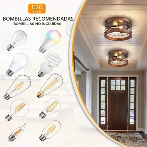 Vista 4 de Lámpara de Techo Empotrada Estilo Granja, 12.6 Pulgadas, Luminaria de Techo de Metal y Madera de 2 Luces, Lámpara de Techo Semi Tambor Rústico