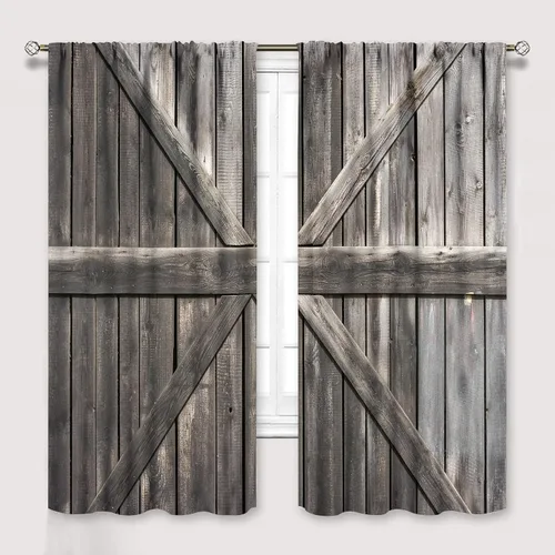 Vista 15 de Cortinas rústicas para dormitorio, puerta de granero antigua, tablero de madera, cortinas para sala de estar, madera rural dura, estilo rural