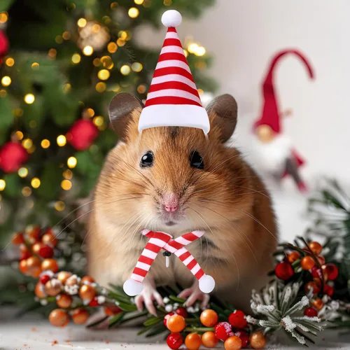 Vista 6 de JUNEBRUSHS Mini sombreros y bufandas de Papá Noel, 12 piezas de accesorios de Navidad para mascotas, rojo, verde, blanco, ajustable, se adapta a