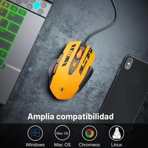 Vista 4 de Uineer Ratón con cable, ratón de computadora USB-A con 6 botones, ajustable Amarillo