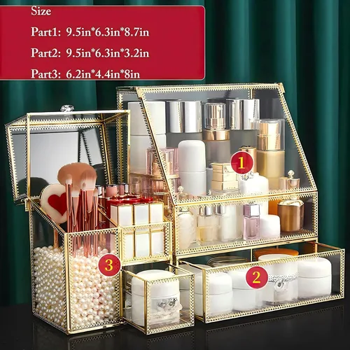Vista 3 de Organizador de maquillaje de vidrio grande con cajón, juego de almacenamiento de belleza, organizador de mostrador de baño, exhibición de cosméticos