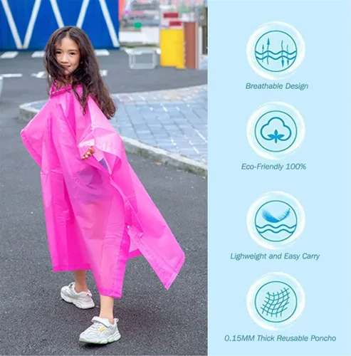 Vista 2 de Poncho de lluvia para niños, reutilizables, paquete de 2 abrigos impermeables de EVA con capucha para niños y niñas Rosado/Azul