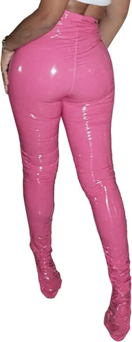 Vista 2 de xxxiticat Pantalones plisados de piel sintética para mujer cintura alta entallados fruncidos dobladillo dividido de piel sintética para club