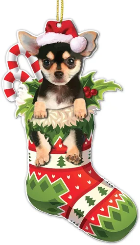 Vista 6 de Adorno acrílico plano de Navidad para perro de montaña bernés, adorable cachorro de montaña bernés en calcetín con bastones de caramelo, decoración