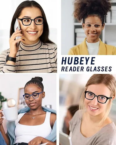 Vista 2 de Hubeye Large Reading Glasses for Women Men Fashion Square Frame Anti-Blue Light Glasses Reading Aid (Black+Blue, 1.00)