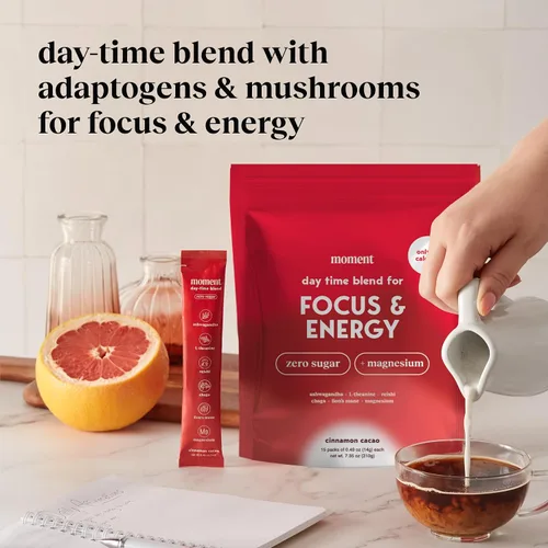 Vista 5 de Moment Morning Energy Chai (Shark Tank) Alternativa de café con cacao, adaptógenos y hongos Polvo cero azúcar Ashwagandha, chaga, melena