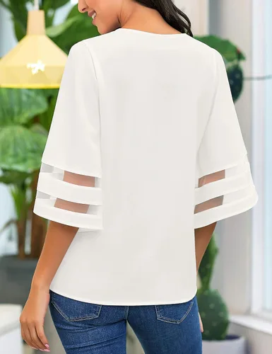 Vista 5 de LookbookStore - Blusa casual de panel de malla con cuello en V y manga acampanada 34 para mujer