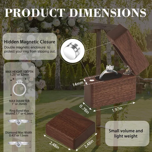Vista 2 de Caja de madera para anillos de compromiso para propuesta, regalo para el día de la boda, caja de almacenamiento de anillo de regalo de compromiso
