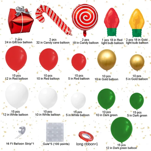 Vista 3 de DBKL Kit de guirnalda de globos de 152 piezas para Navidad, rojo, blanco, verde, dorado, globos en forma de bastón de caramelo, caja de regalo