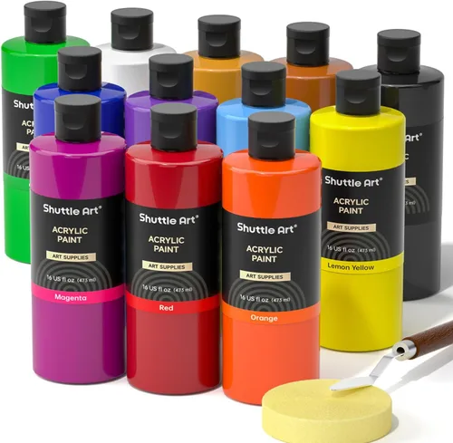 Vista 9 de Shuttle Art 12 colores de pintura acrílica, botellas de 250 ml/8.45 oz, juego de pintura acrílica, pigmentos ricos, suministros de pintura a granel