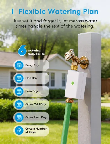 Vista 4 de meross Temporizador de agua WiFi para manguera de jardín, temporizador de manguera inteligente con entrada y salida de latón, válvula de rociador