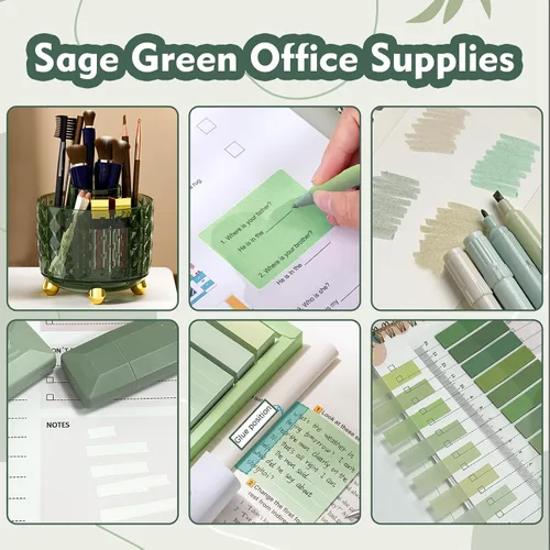 Vista 3 de sportsvoutdoors Accesorios de escritorio verde, suministros verde salvia, juego de papelería de oficina, soporte para lápices y bolígrafos verde