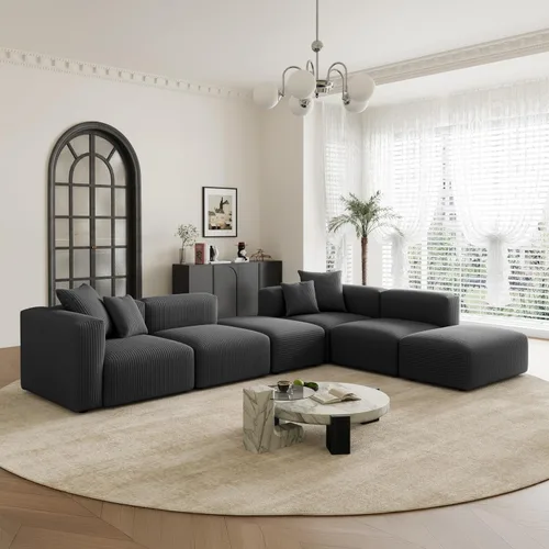 Vista 3 de Acanva - Sofá modular convertible con otomana, en forma de U, color negro Sofá de pana, marco de madera, combinación libre, sofá cama, para sala