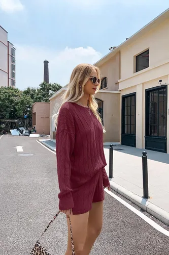 Vista 4 de Ekouaer Conjunto de 2 piezas de suéter de manga larga y pantalones cortos para mujer