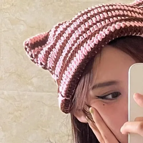 Vista 6 de Y2K - Gorro gótico de punto con orejas de gato para mujer gorro de invierno kawaii hecho a mano para mujer